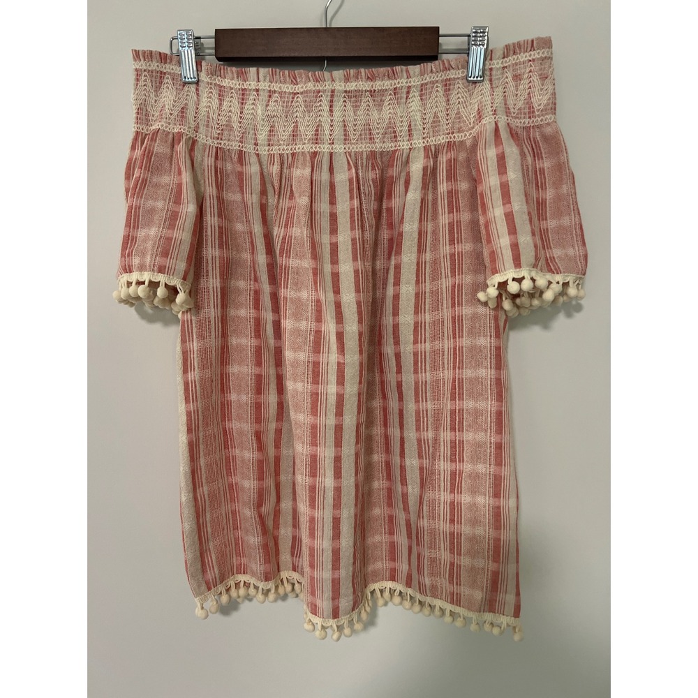 ANTIBES BLANC Off Shoulder Pink‎ Smocked Plaid Pom Pom Tassel Boho Blouse Top M